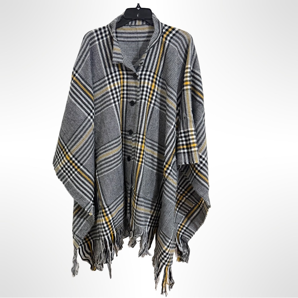 Plaid Fringe Wrap - Black, Gray, Yellow